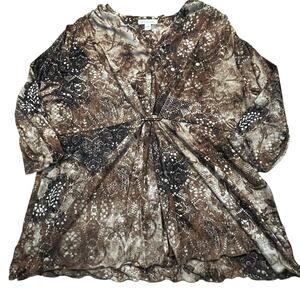 Coldwater Creek Womens 2X Snake Print Boho Blouse Ring Front V Neck Brown